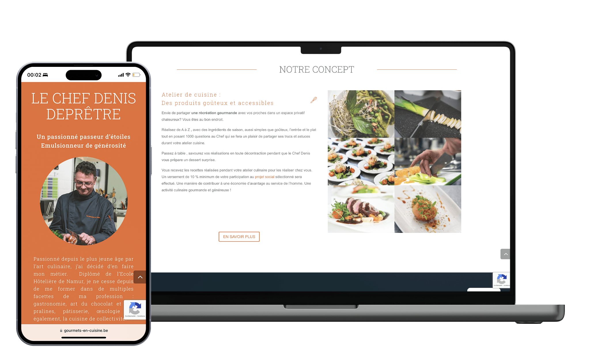 Représentation du site gourmets en cuisine sur un Macbook Pro 16 et un iPhone 14 Pro Max